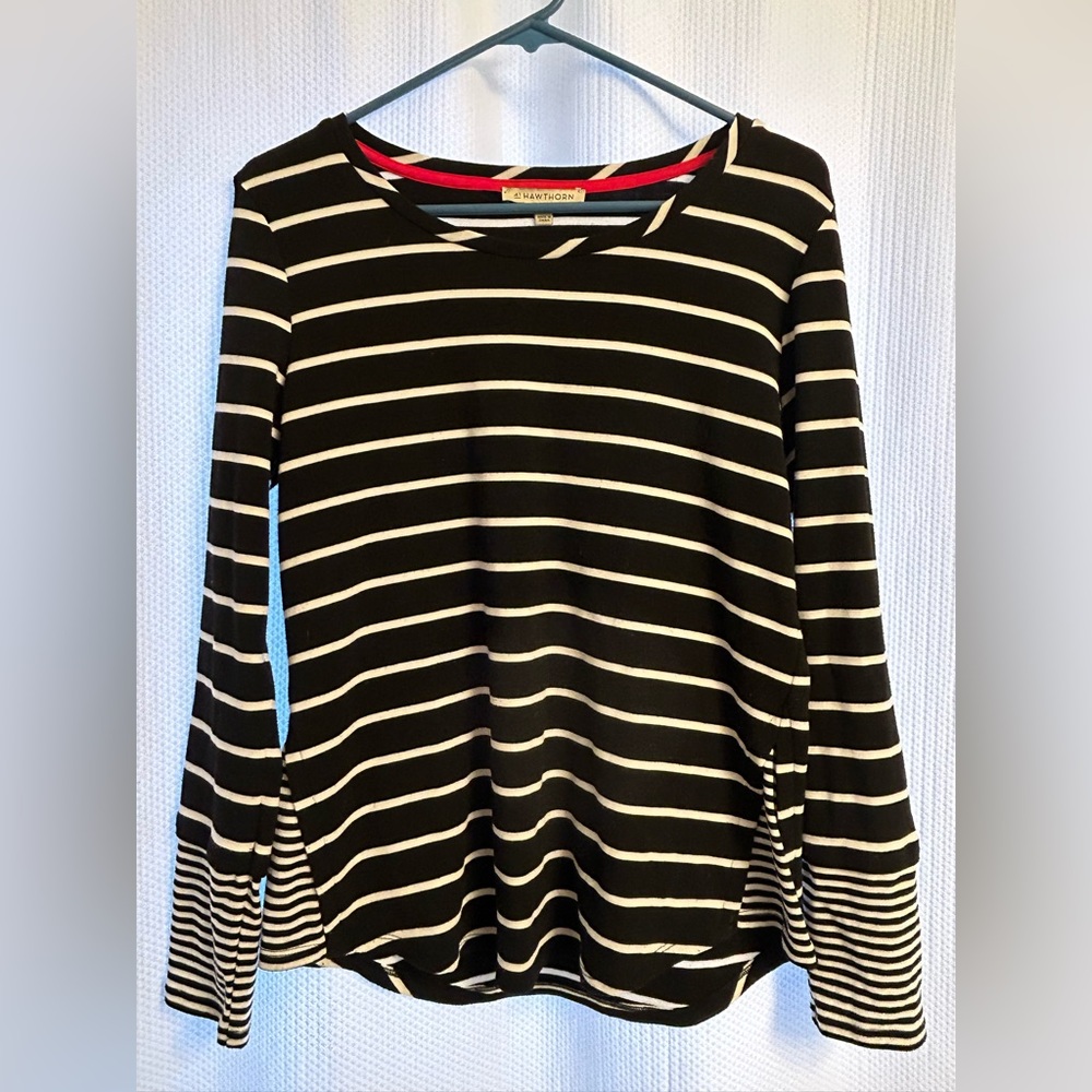 41 Hawthorn Womens Knit Top Black & White Stripe Tunic Stretch Poly